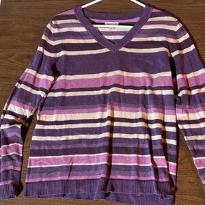 Croft & Barrow Women's V-Neck Striped Sweater - Purple and Pink